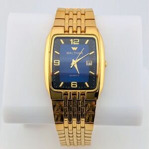 Waltham XAX335 Y2K Gold Tone Blue Dial Quartz Date Watch VJ22 28mm 6.75"